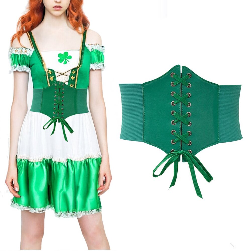 Green Wide Button Fastening Lace Up Elastic Corset Waist Belt - One Size